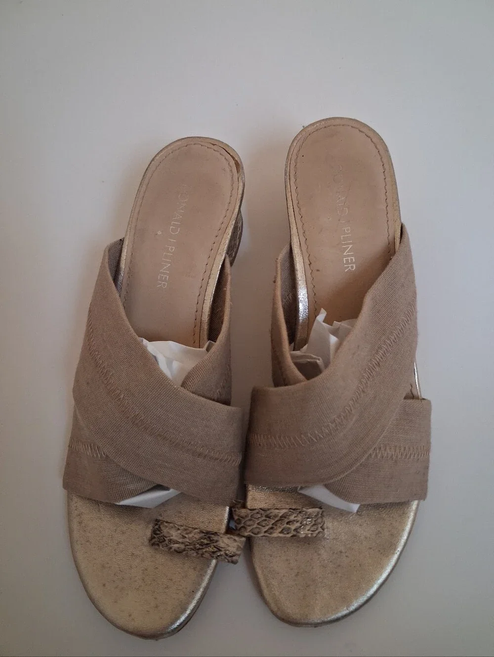 Donald J. Pliner Beige Stretch Slide Sandals Snake Print Block Heel Size 7